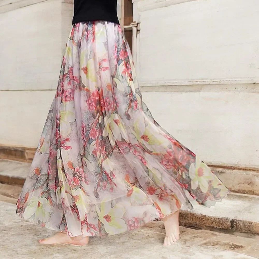 Pink Floral Flowy Lightweight A-line Maxi Skirt NWT